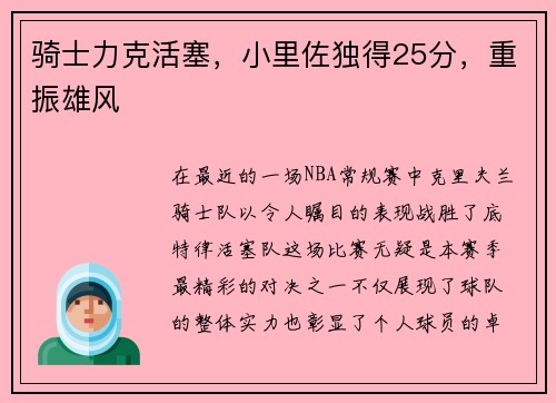 骑士力克活塞，小里佐独得25分，重振雄风